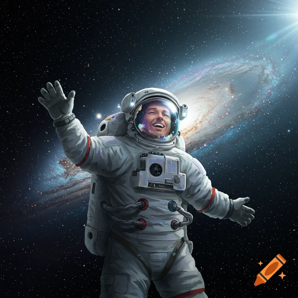 A happy astronaut in a white spacesuit waves and smiles while floating in space with a vibrant galaxy and stars in the background.
