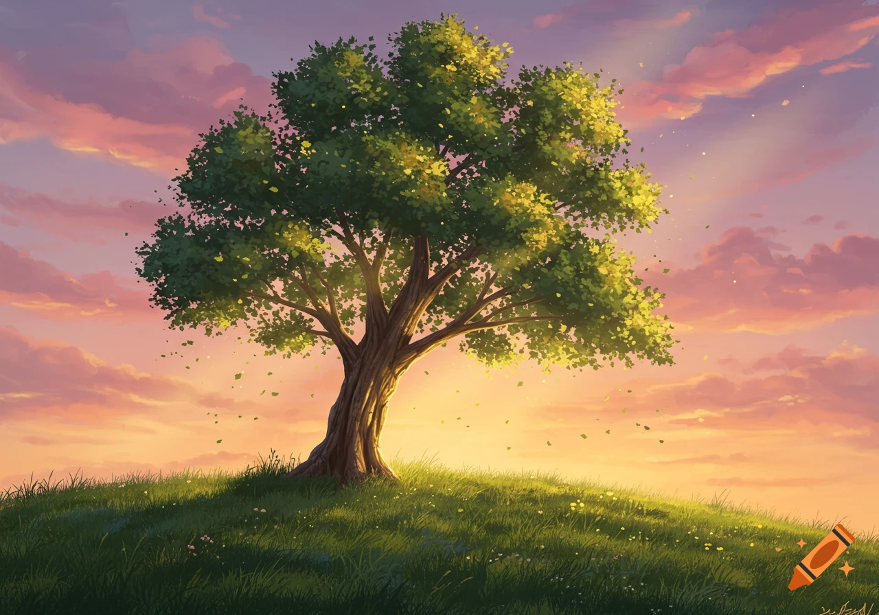 A vibrant illustration of a solitary tree on a grassy hill, bathed in the warm glow of a pink and orange sunset sky.