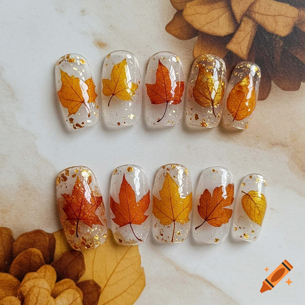 Close-up of two rows of artificial nails with clear polish, gold flakes, and real autumn leaves in orange and yellow.
