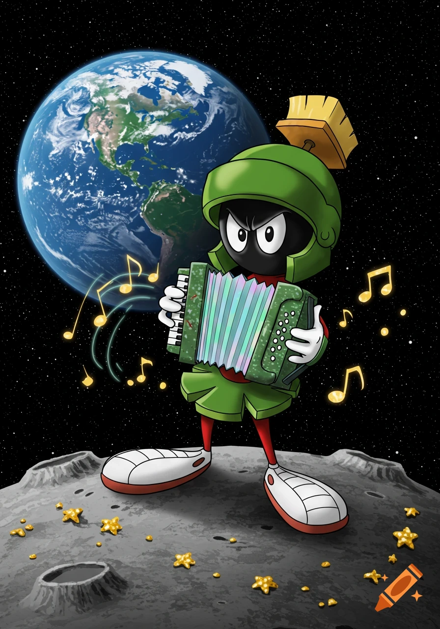 Marvin the Martian plays an accordion on the moon with Earth in the background, surrounded by musical notes in a cartoon style.