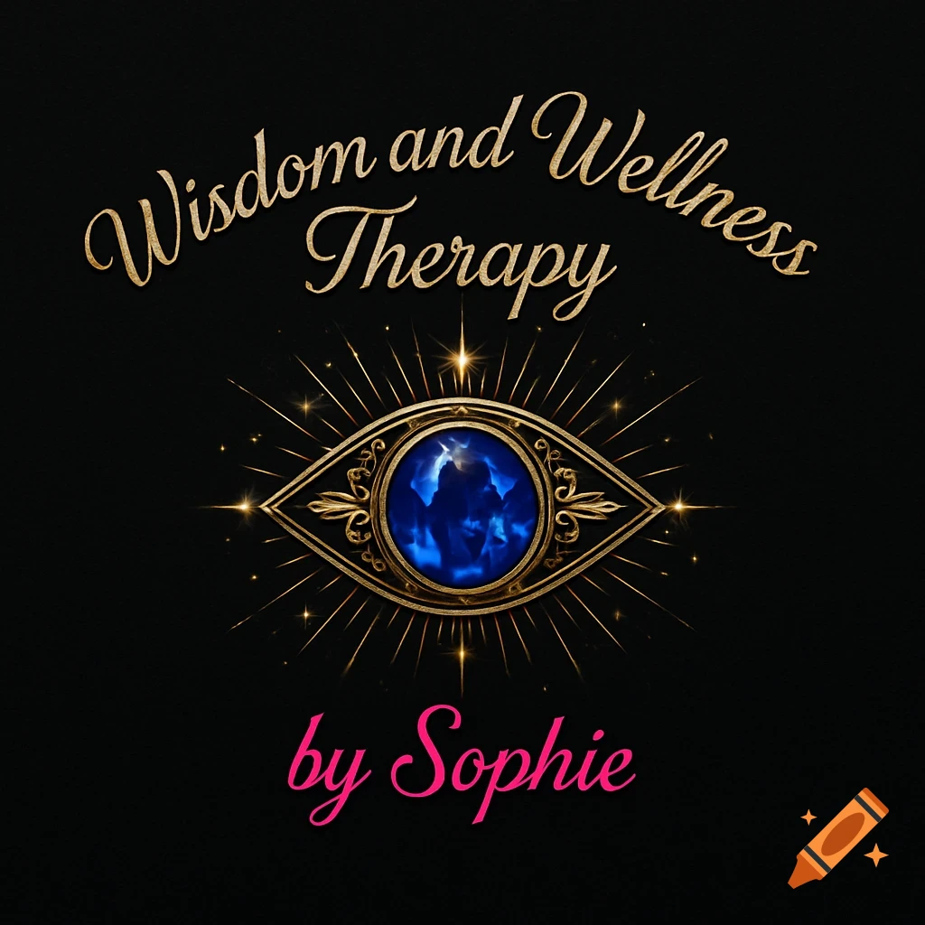 A gold and sapphire blue evil eye logo with "Wisdom and Wellness Therapy" in gold script and "by Sophie" in pink script on a black background.