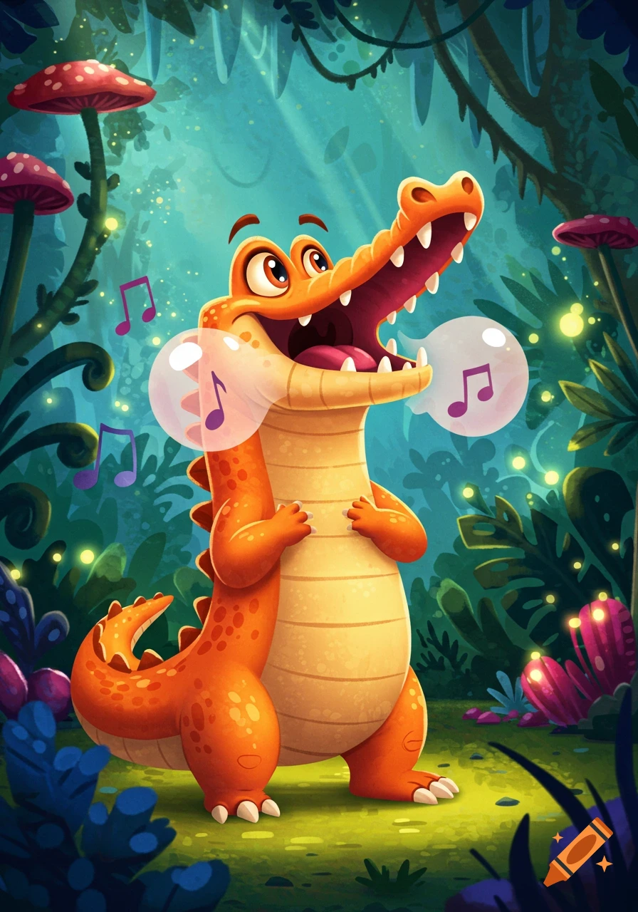 A cheerful cartoon orange crocodile with big eyes sings in a vibrant, glowing jungle, with musical notes floating from its open mouth.