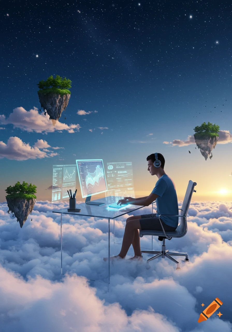 A person in headphones works at a desk with glowing holographic screens atop a sea of clouds, under a starry sky with floating islands.