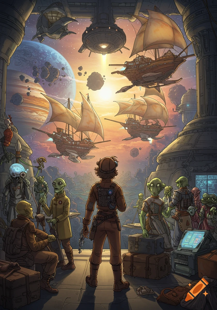 A young adventurer overlooks a bustling spaceport with various aliens, flying galleon-like spaceships, and planets in a detailed, illustrative style.
