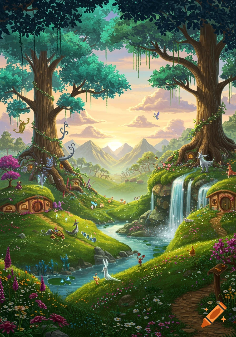 A vibrant fantasy landscape at sunset with large trees, a river, waterfall, hobbit houses, and whimsical creatures in a lush valley.
