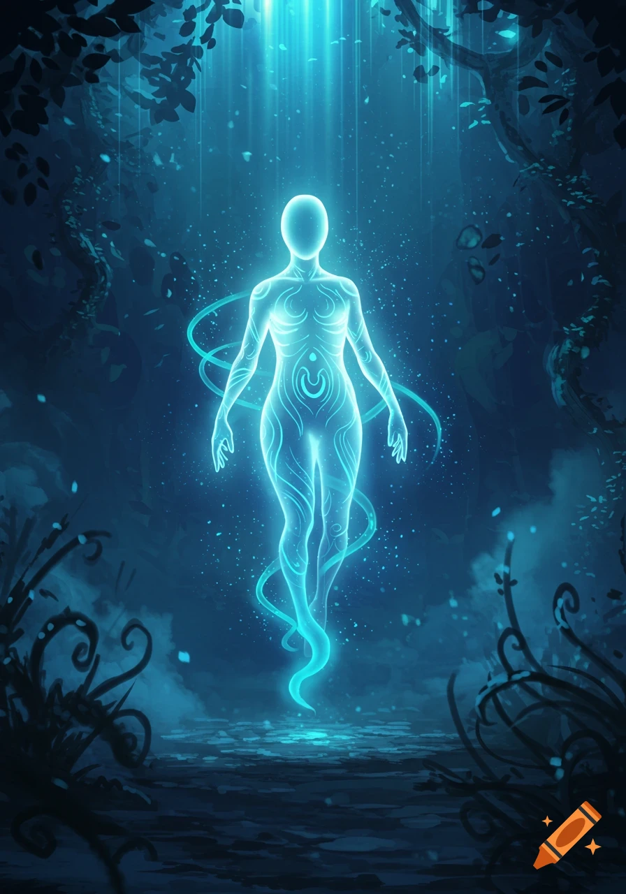 A glowing, ethereal human-like figure with tribal patterns stands in a mystical blue forest, bathed in light from above.