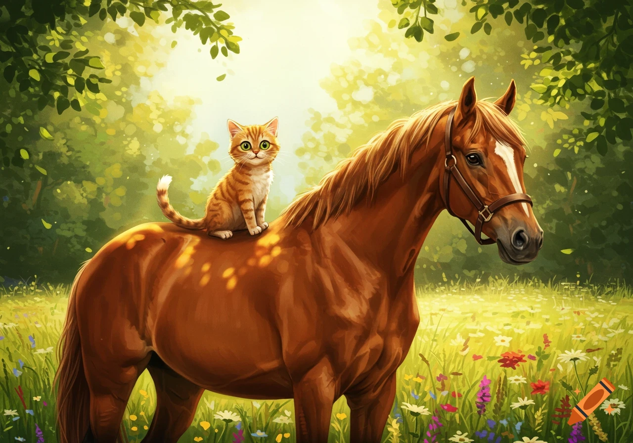 An orange tabby cat sits on the back of a brown horse in a sunny, vibrant meadow filled with wildflowers and green trees.