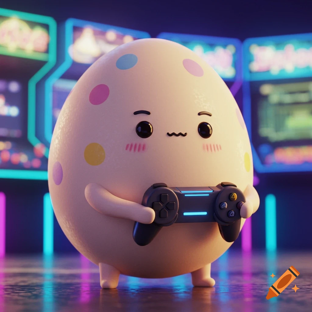 A cute, light pink egg character with colorful spots holds a game controller in a neon-lit arcade setting.