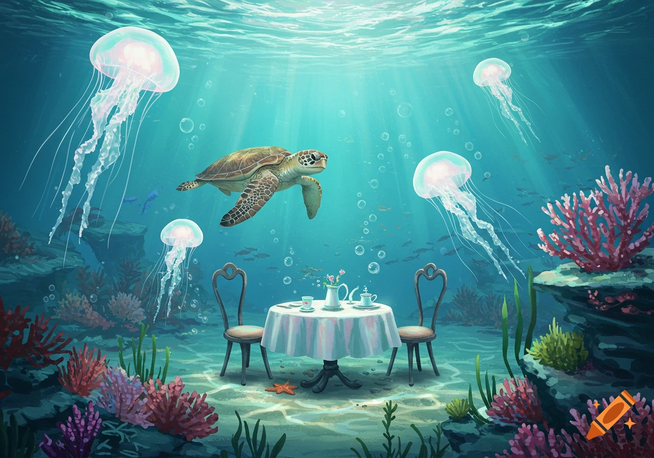 A whimsical underwater scene featuring a table set for tea, with a sea turtle swimming overhead and glowing jellyfish floating among vibrant corals and sea plants.