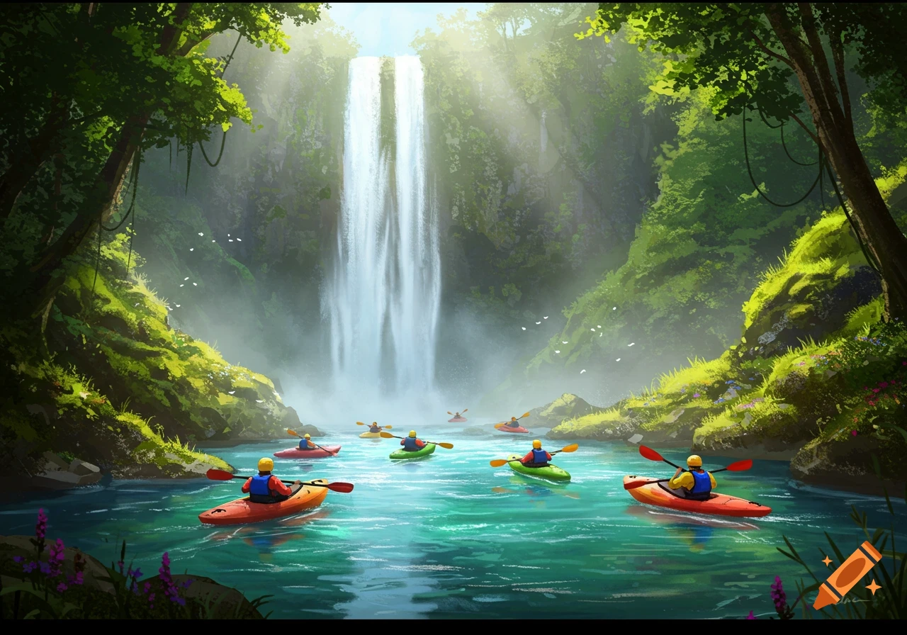 Kayakers on a turquoise river in a lush jungle with a large waterfall, digital art.