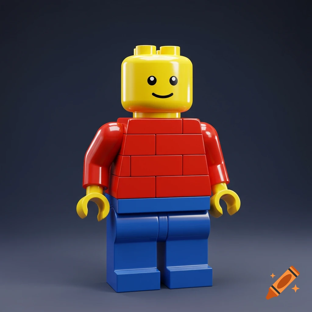 A classic yellow-headed Lego figure with a red brick-patterned torso and blue pants, standing against a dark background.