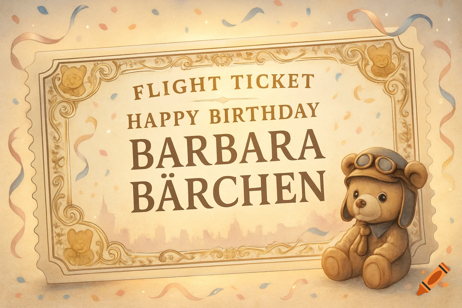 A cute teddy bear in a pilot's hat sits next to a vintage birthday flight ticket for Barbara B c h