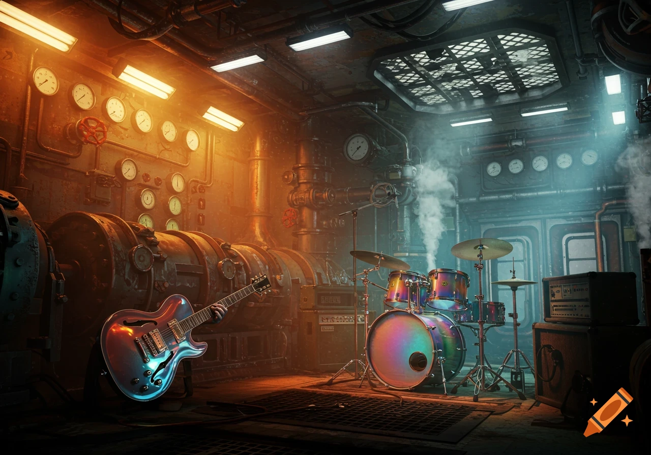 Vibrant electric guitar and iridescent drum kit in a dimly lit, steampunk industrial engine room with pipes, gauges, and steam.