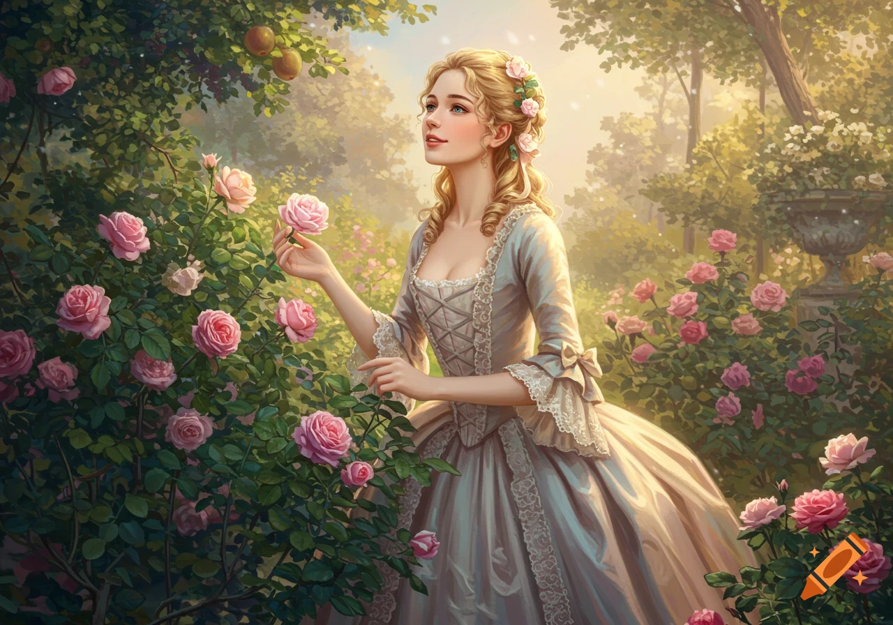 Blonde woman in an elegant 18th-century dress holds a pink rose in a sunlit, verdant garden, painted in a romantic style.