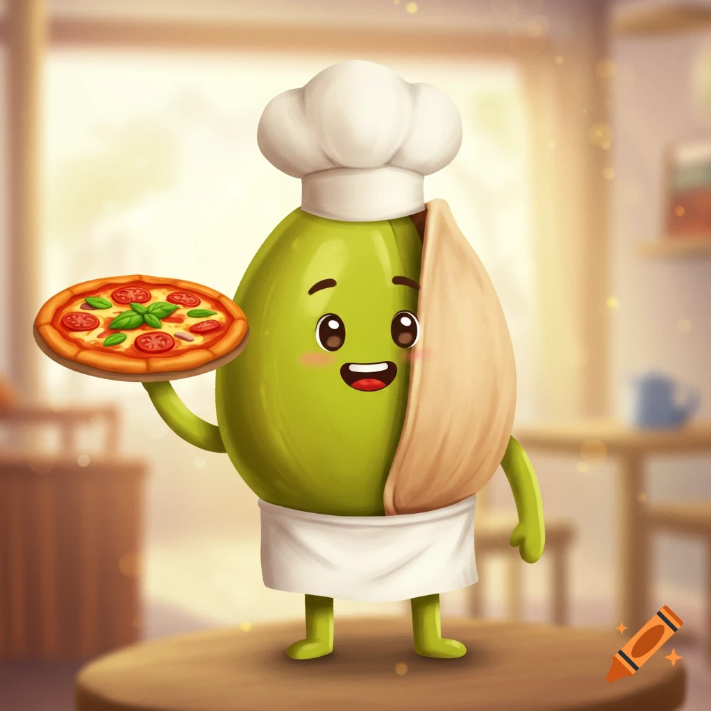 A cheerful anthropomorphic pistachio chef wearing a chef's hat and apron, happily holding a small pizza with basil and tomatoes.
