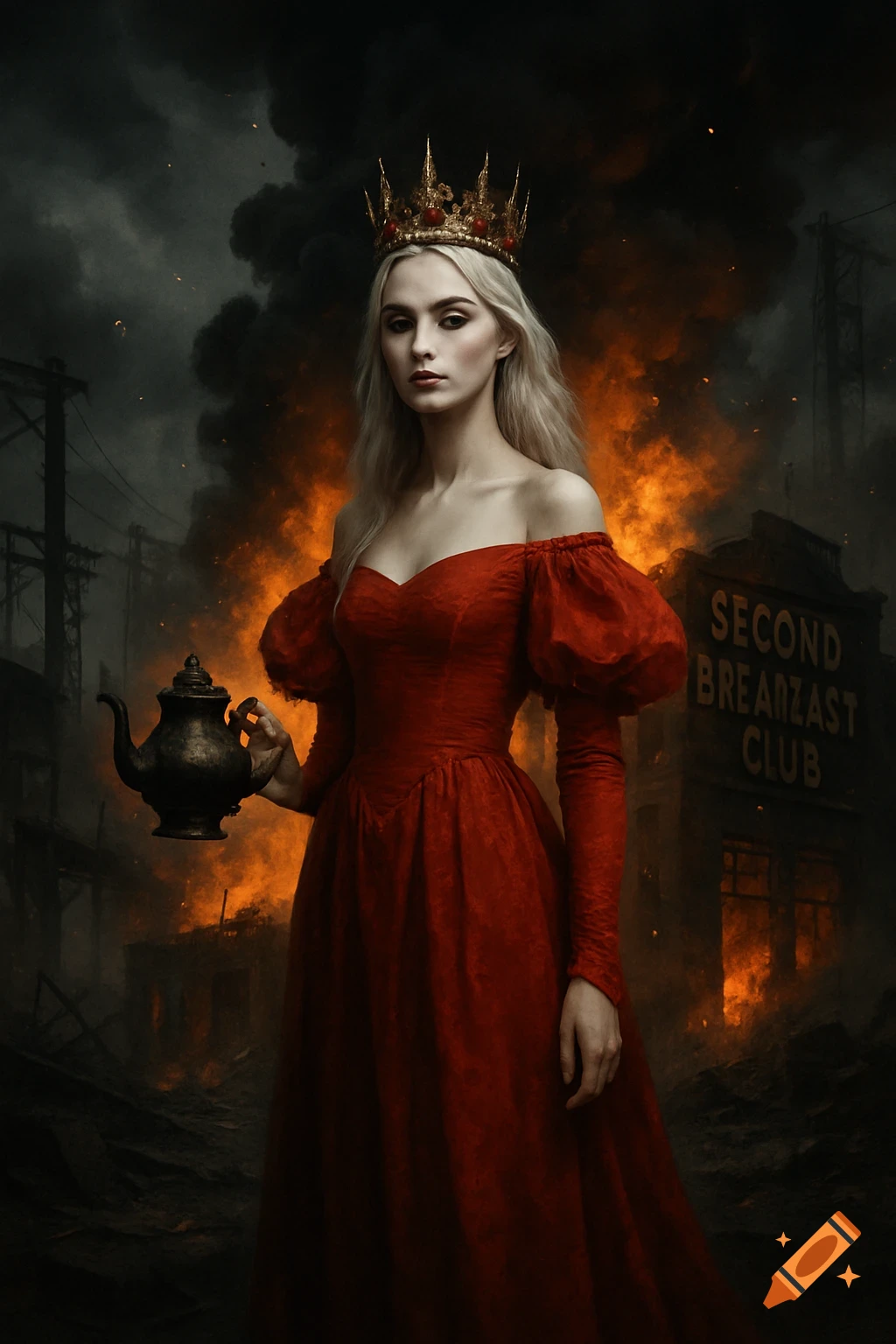 A queen in a red dress and crown holds a teapot amidst fiery destruction in an industrial landscape.