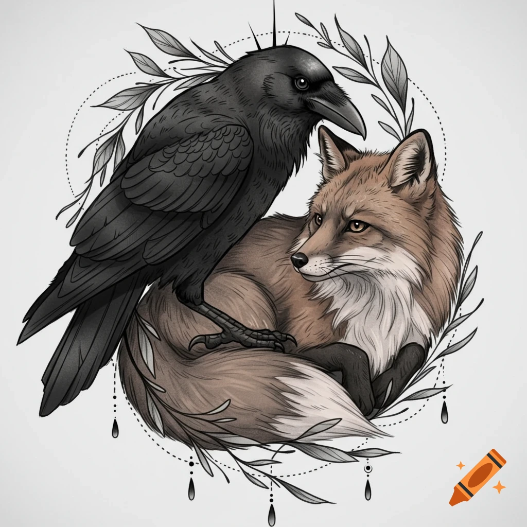 Illustrative tattoo design of a black raven perched on a light brown fox, surrounded by delicate leaves and dotted lines.