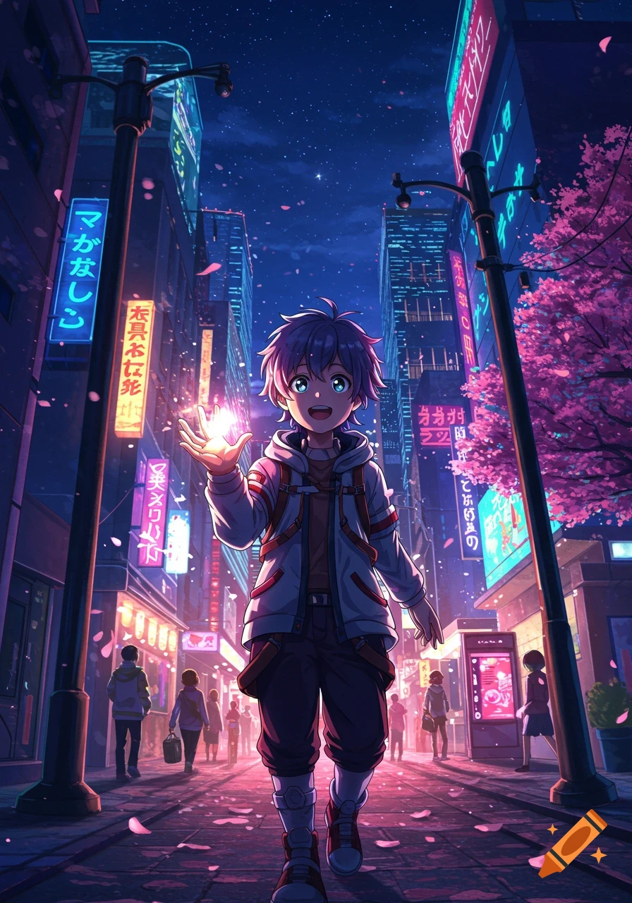 An anime boy with purple hair and blue eyes smiles, holding a glowing orb, in a neon-lit city street with falling cherry blossoms at night.