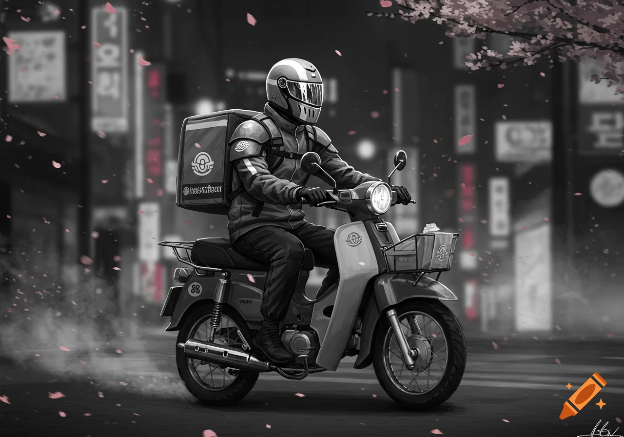 A black and white illustration of a delivery rider on a scooter in a city street, with pink cherry blossom petals falling.
