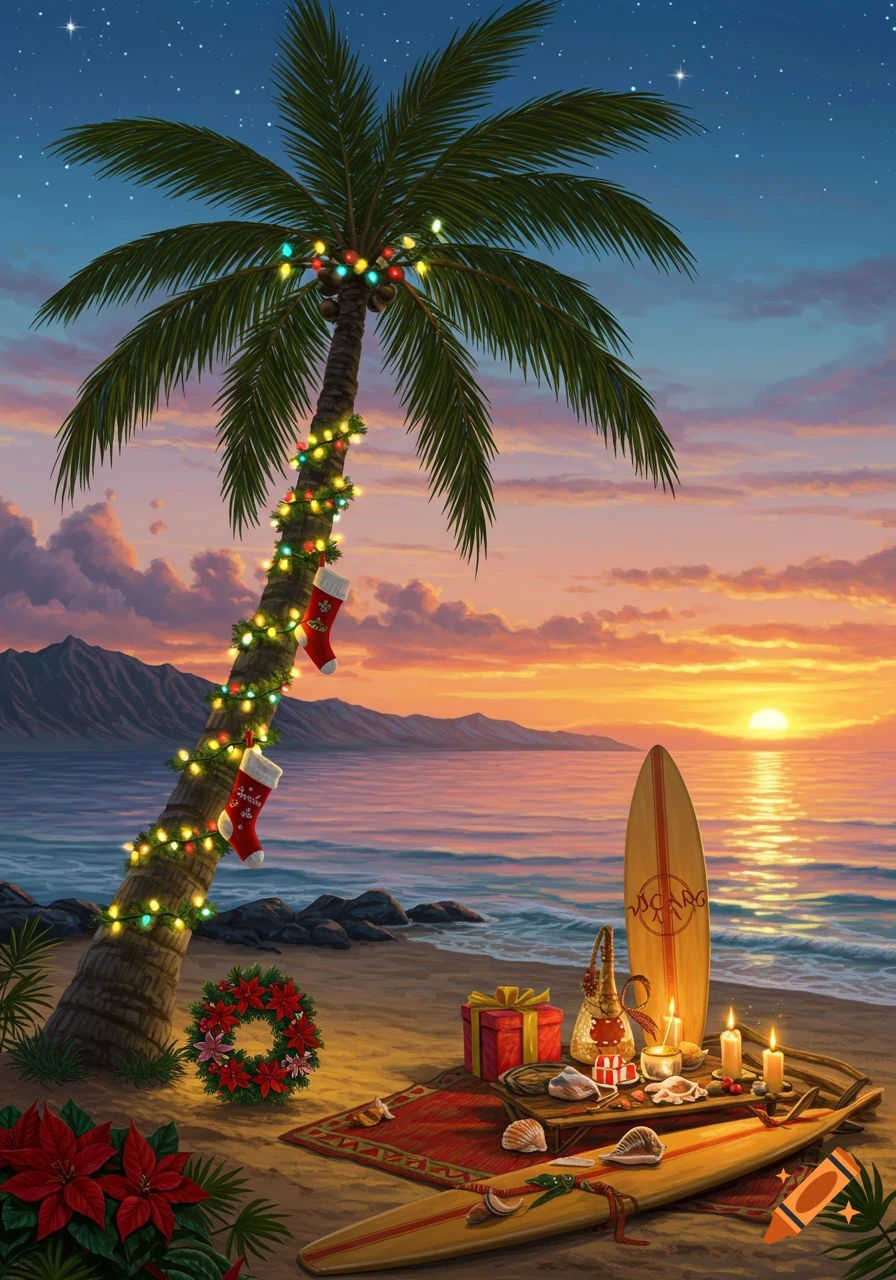 A vibrant tropical beach scene at sunset with a palm tree adorned with Christmas lights and stockings, beside a surfboard and holiday gifts.