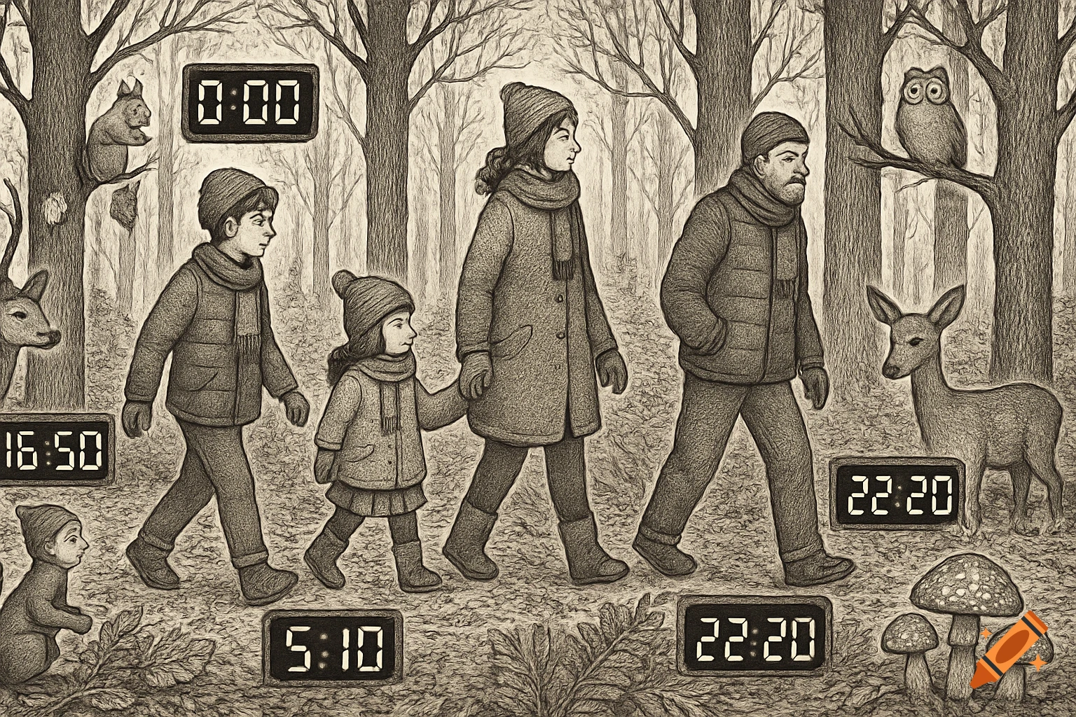 Monochromatic sketch of a family walking through a winter forest with digital clocks and animals like deer, squirrel, and owl.