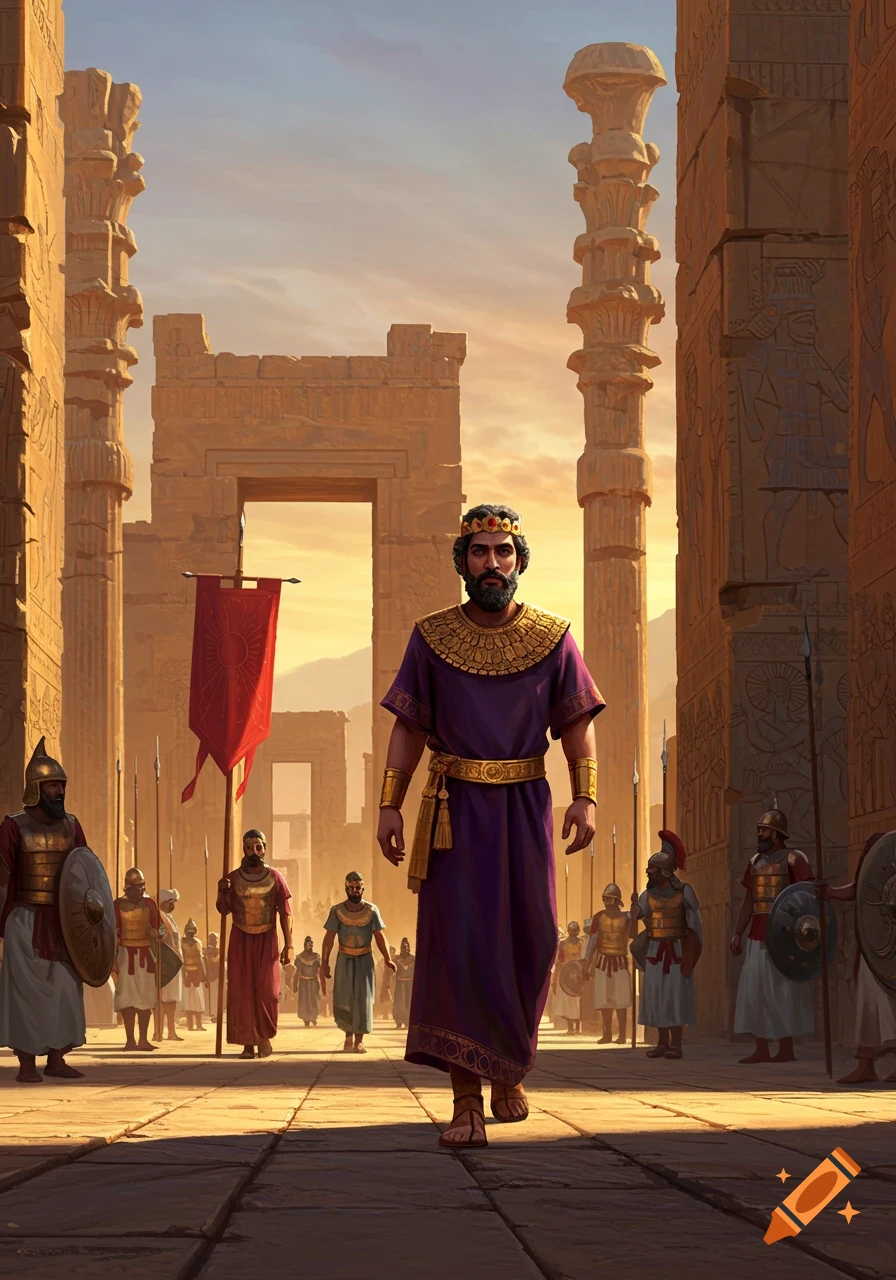 A king in purple and gold robes walks through grand ancient Persian ruins at sunset, flanked by soldiers.