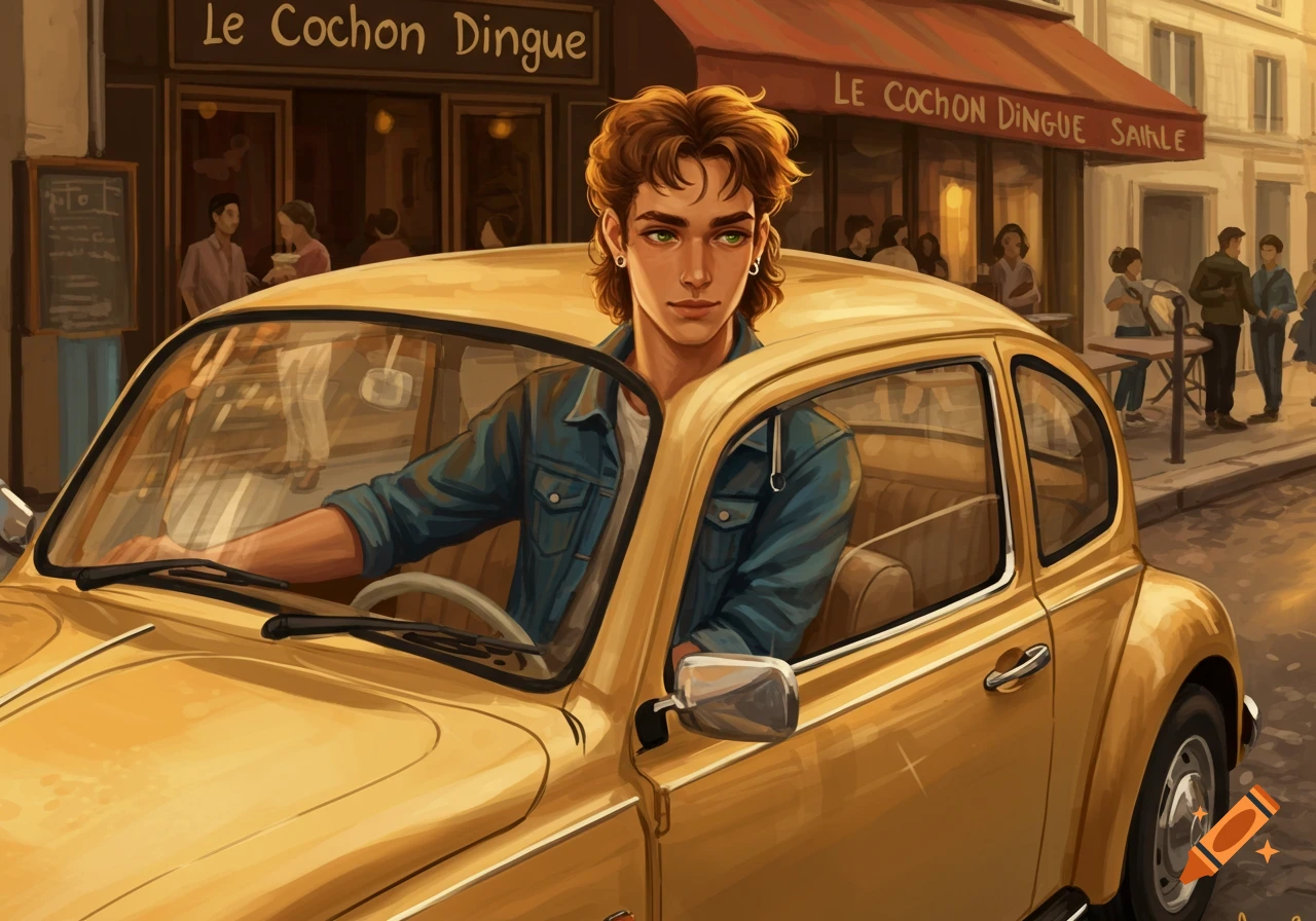 A young man with green eyes and a mullet drives a yellow Volkswagen Beetle on a Parisian street with cafes in an illustrated style.