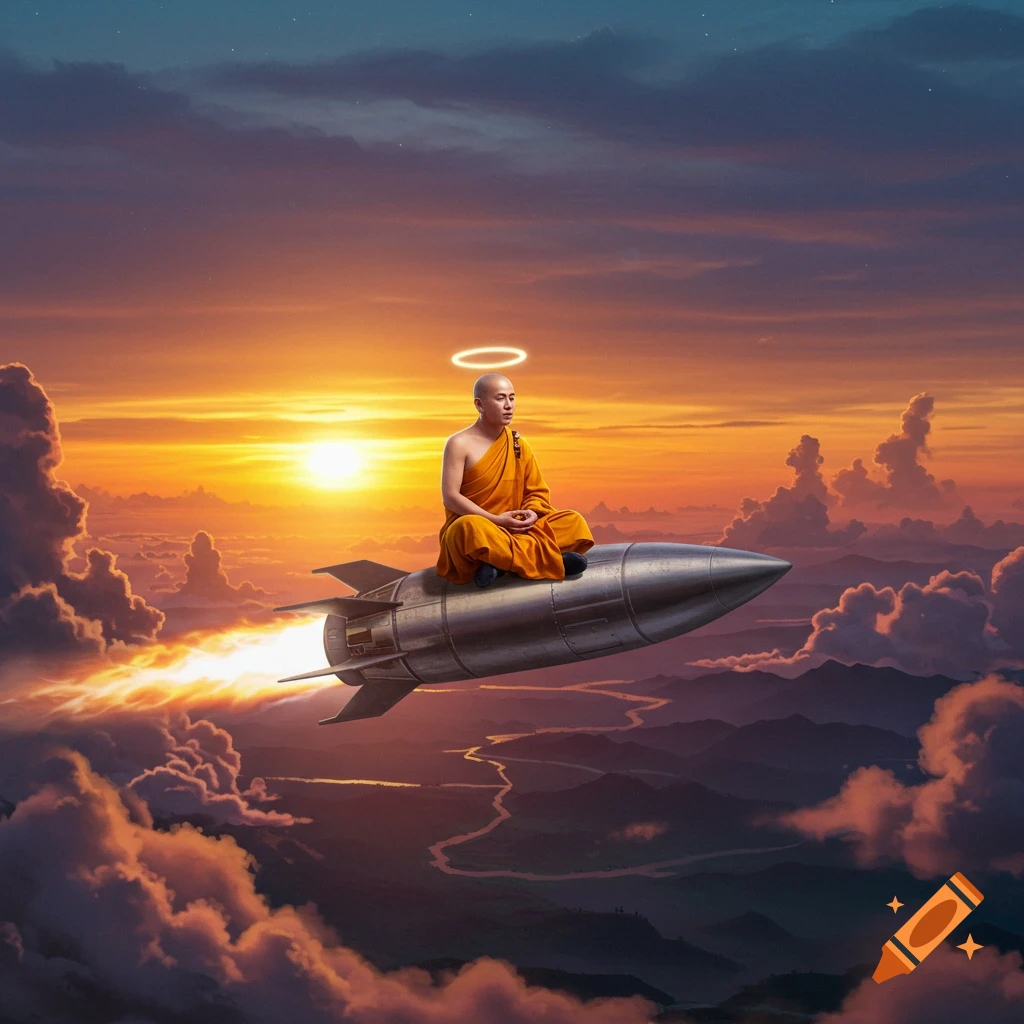 A Shaolin Monk meditates in lotus position on a rocket, flying through a vibrant sunset sky above clouds and mountains.