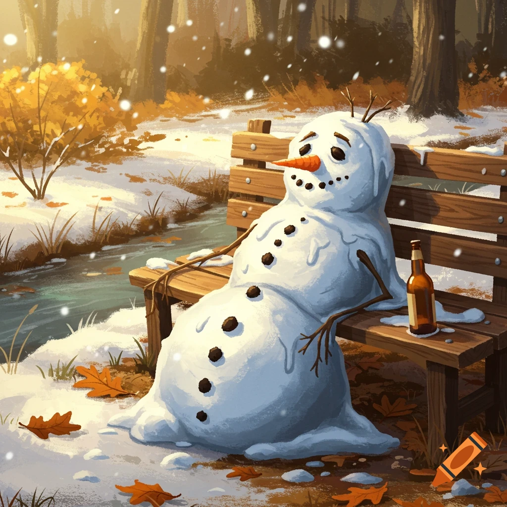 A melting snowman sits sadly on a park bench in the snow next to a stream, with a beer bottle and fallen autumn leaves.