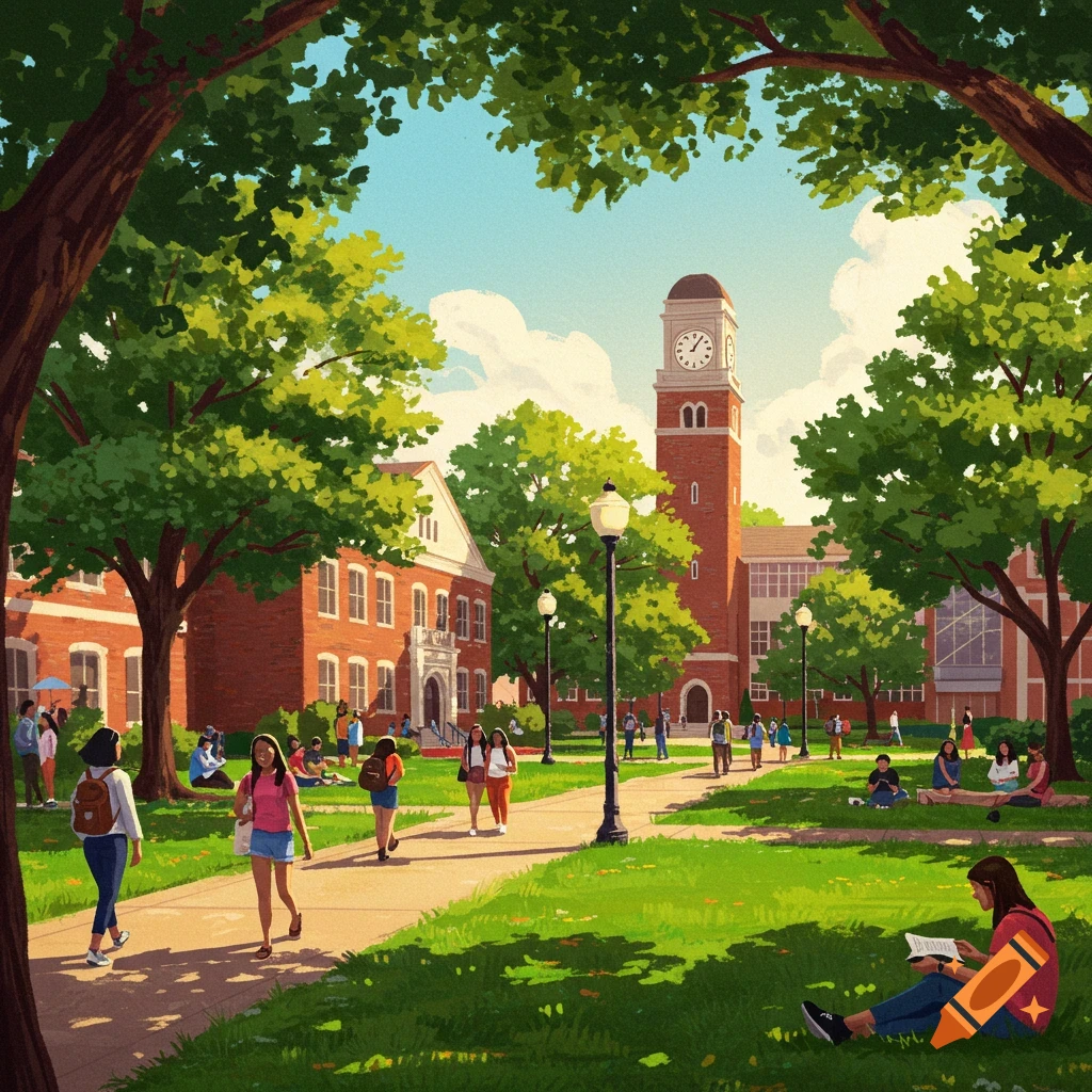 An illustration of a vibrant university campus on a sunny day with students walking and relaxing on the grass.