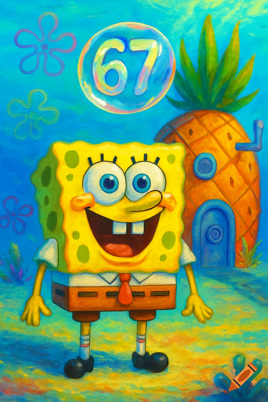 SpongeBob smiles in front of his pineapple house underwater, with a bubble containing '67' above him, in a vibrant painting style.
