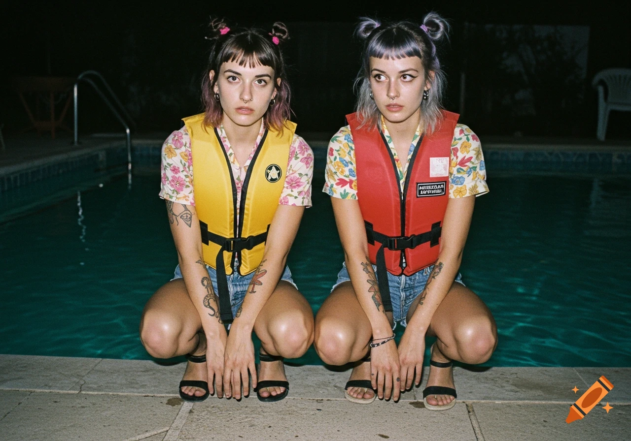 Two women with bangs and tattoos, wearing floral shirts, shorts, and life jackets, squat by a swimming pool at night in a flash photo style.