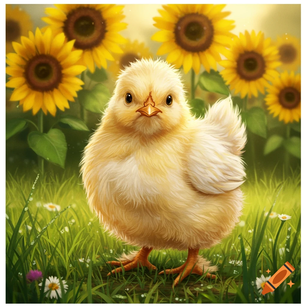 A fluffy yellow chick stands in a field of grass and daisies, with bright yellow sunflowers in the background.