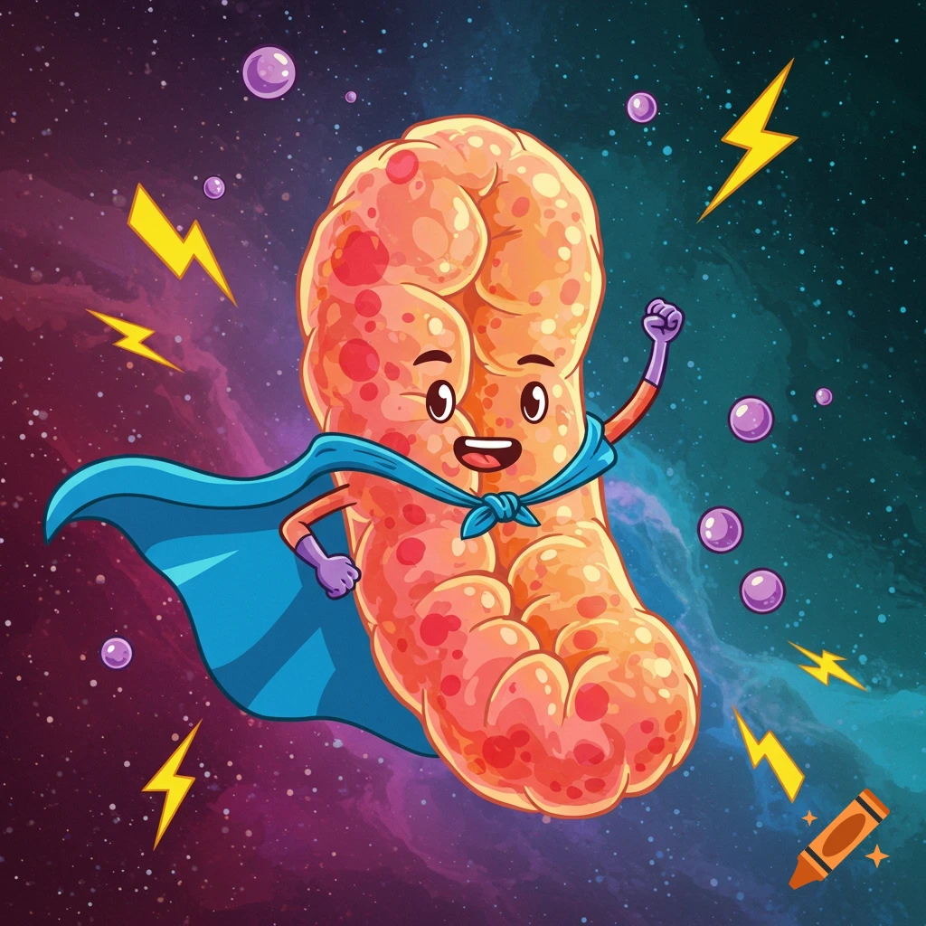 A cartoon superhero mitochondria with a blue cape and gloves, flying in a starry cosmic space with lightning bolts and purple bubbles.