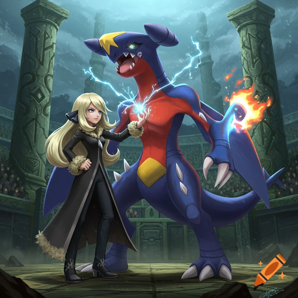 Cynthia, a blonde woman in a black coat, stands beside a large blue and red Garchomp with lightning around them in an arena.