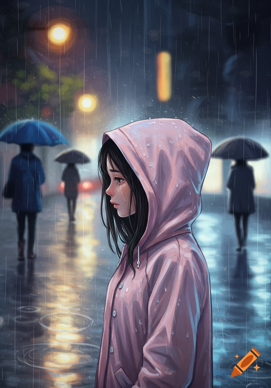 An anime-style illustration of a sad girl in a pink rain jacket crying in the rain on a city street at night.