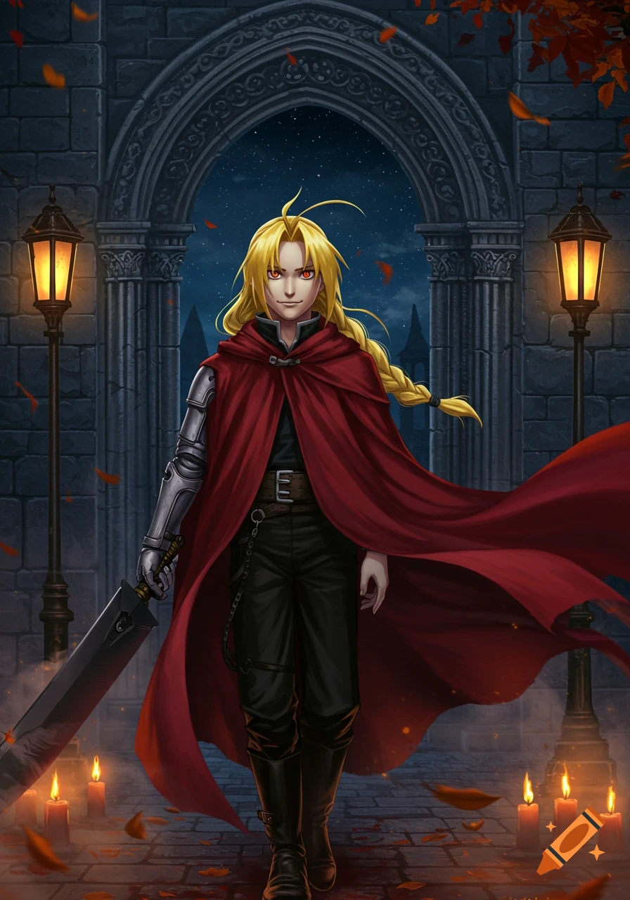 Anime art of Edward Elric in a flowing red cape and black attire, holding a large sword, under a gothic archway at night with lanterns.