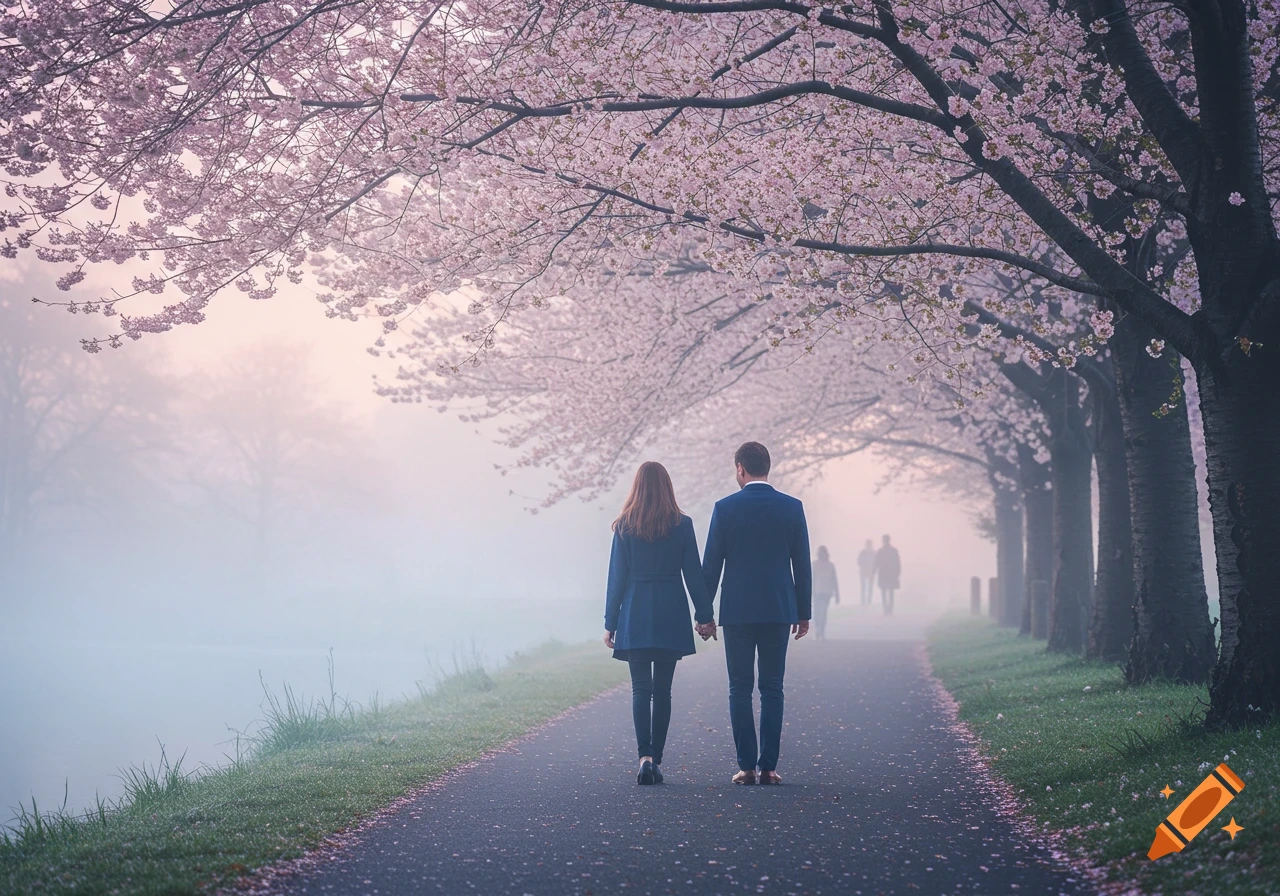 A couple holding hands walks on a misty path under blooming pink cherry blossom trees.