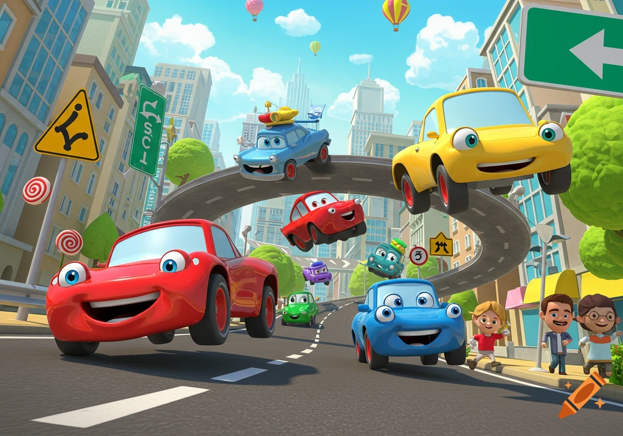 Vibrant 3D cartoon showing many anthropomorphic cars, including red, yellow, and blue ones, racing and jumping on a winding road in a city.