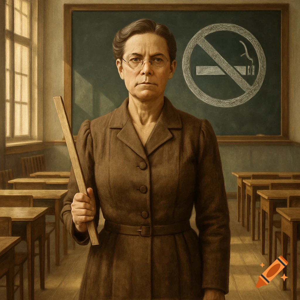 A stern-faced female teacher in a brown dress holds a ruler in a vintage classroom with a no-smoking symbol on the chalkboard.