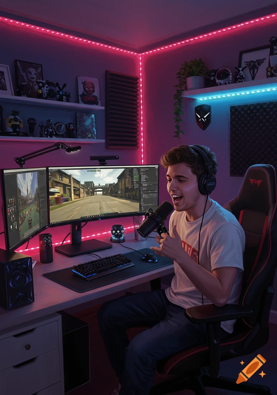 A young man with headphones enthusiastically streams a video game from his neon-lit gaming room, with multiple monitors showing gameplay.
