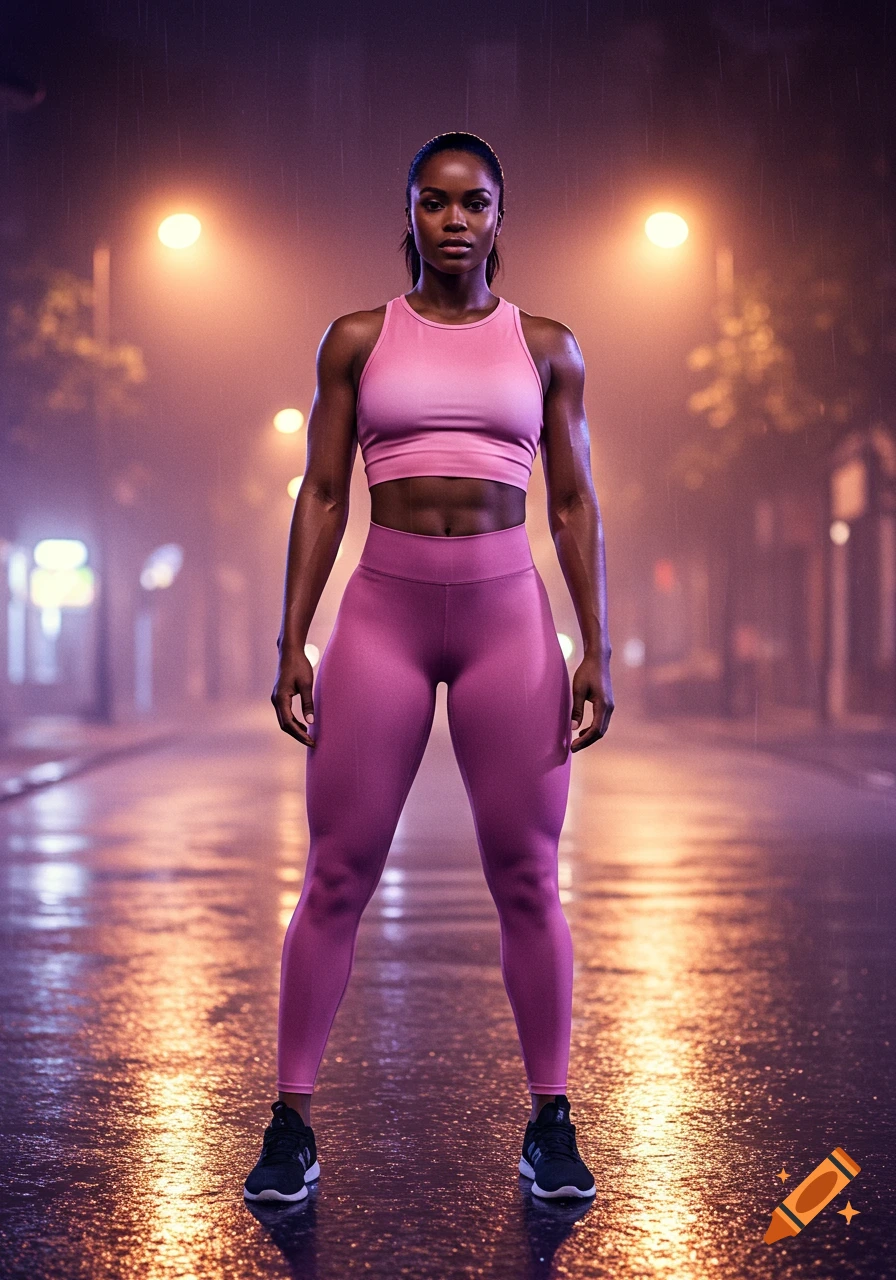 Muscular woman in a pink athletic top and leggings stands on a wet urban street at night under glowing streetlights.