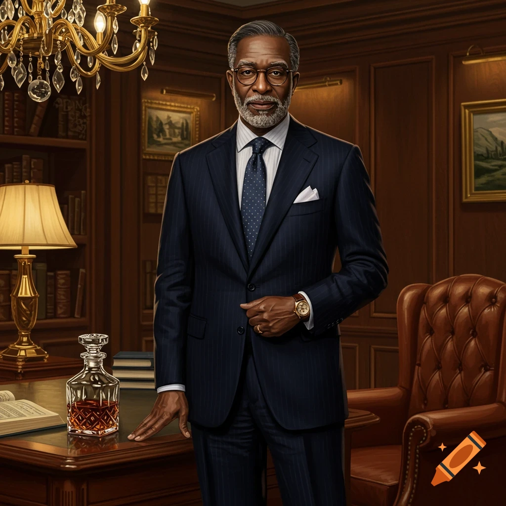A distinguished older Black man in a suit, glasses, and white beard stands in a luxurious study with a decanter on a wooden desk.