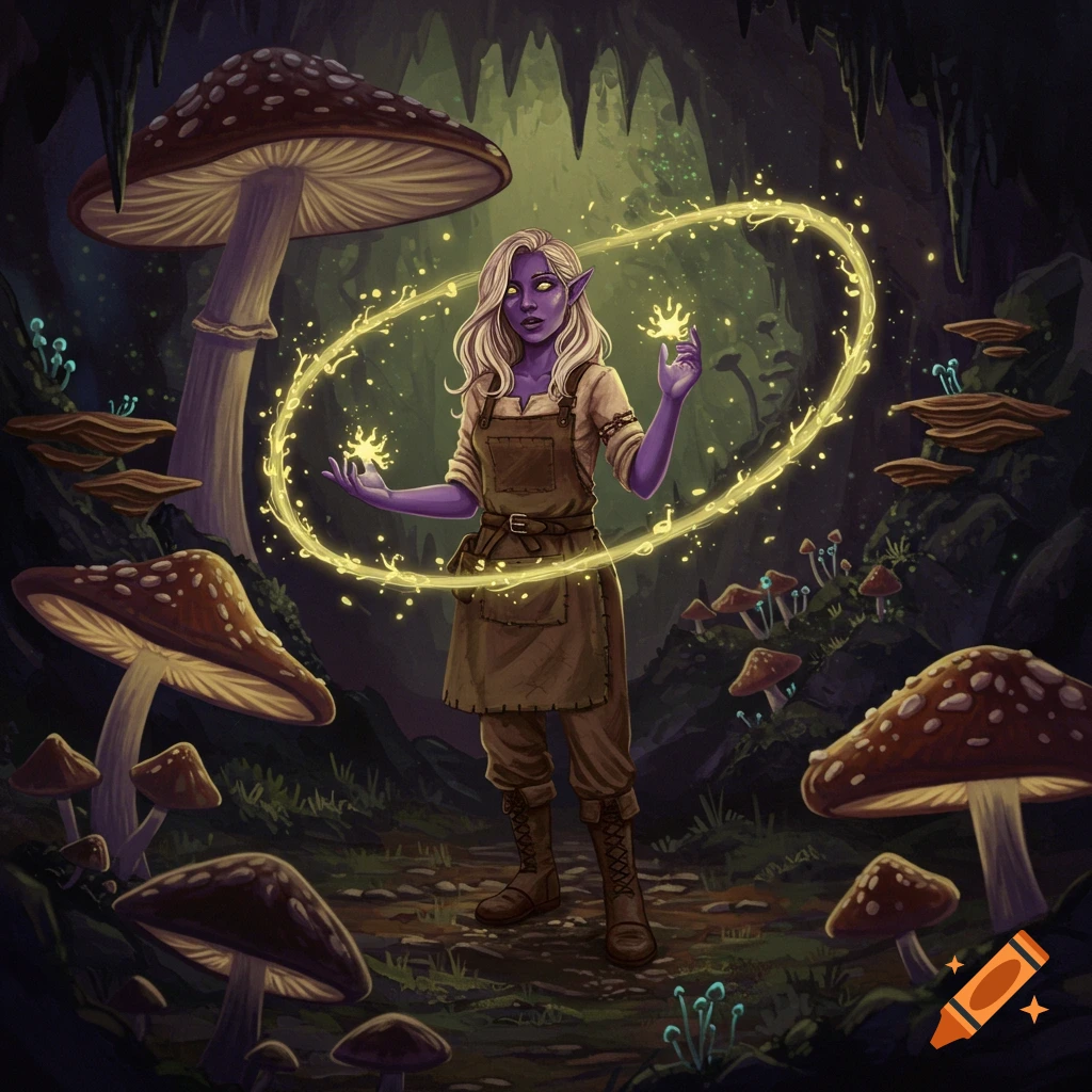 Amethyst-skinned drow woman in farmer clothes, with blonde hair, holds glowing fungal spores in a dark mushroom cave.