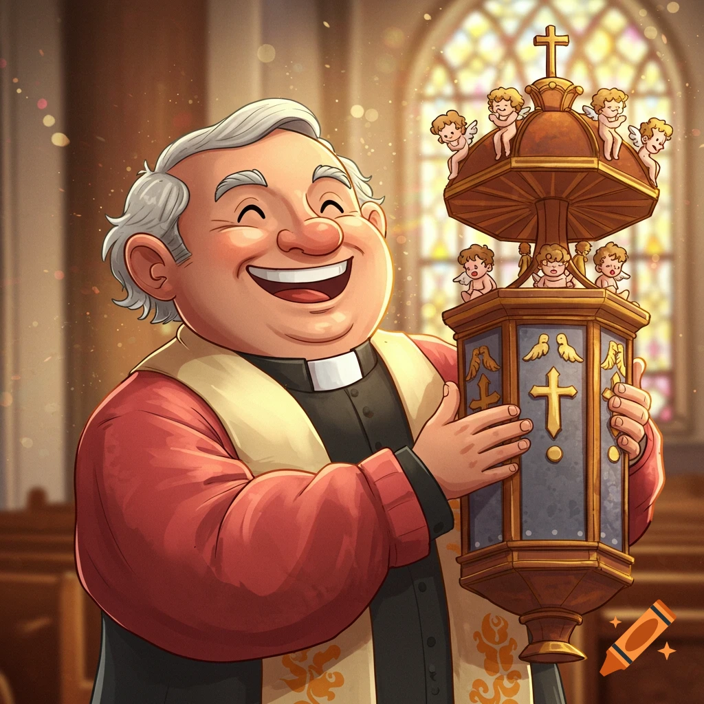 A joyful cartoon pastor in a red and black cassock holds a decorative church lantern adorned with cherubs and crosses, in front of a stained-glass window.
