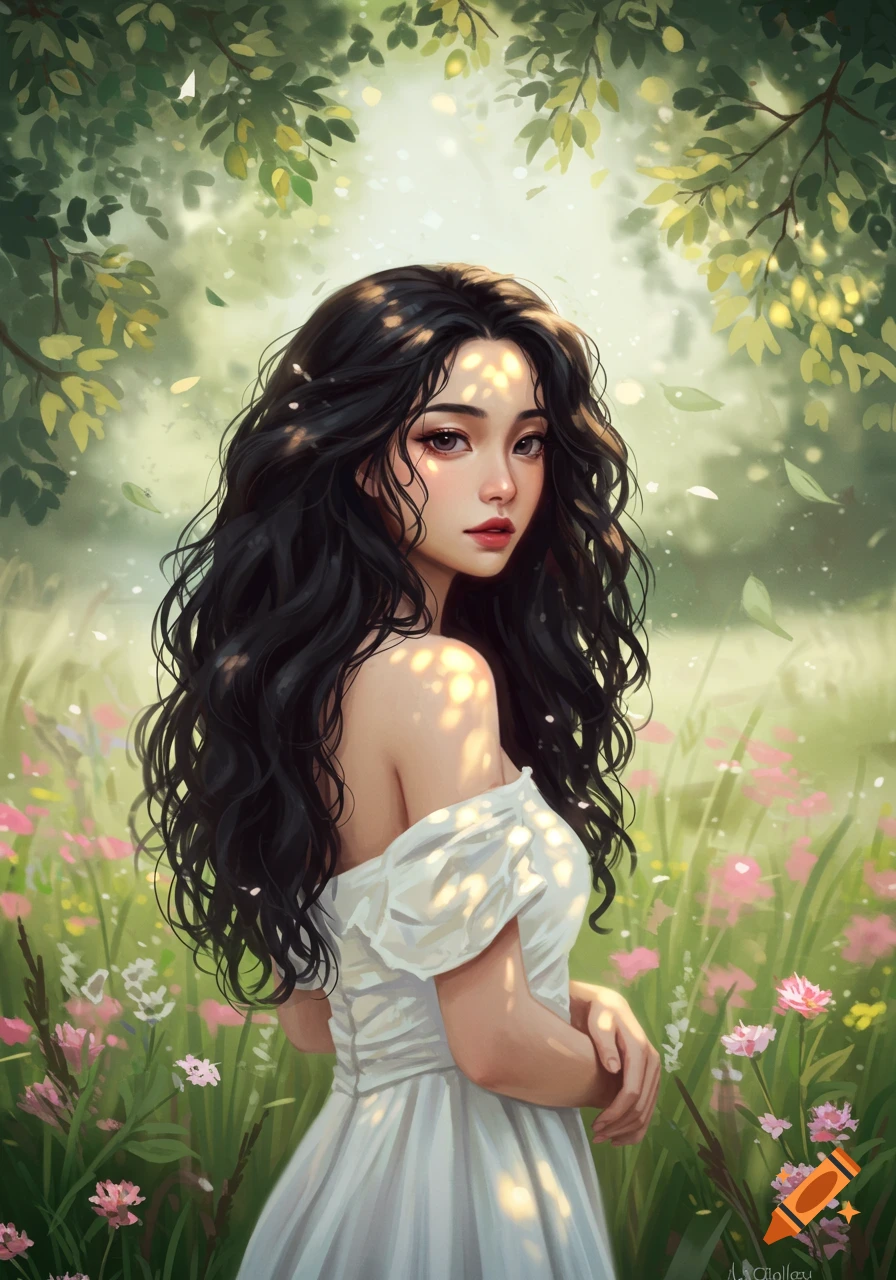 A digitally illustrated young woman with long black curly hair in a white dress, looking over her shoulder in a sun-dappled flowery meadow.