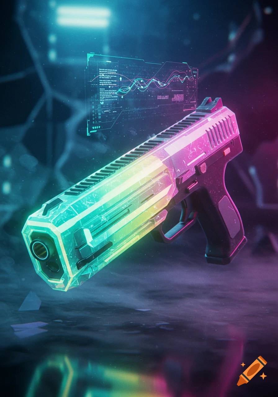 A vibrant, neon RGB-lit futuristic pistol floats in a smoky, cyberpunk setting with a holographic display.