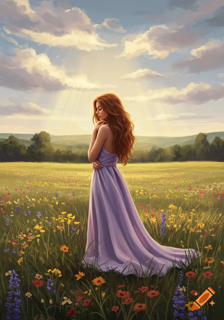 A woman with long reddish-brown hair in a purple dress stands in a sunlit wildflower field, illustrated.