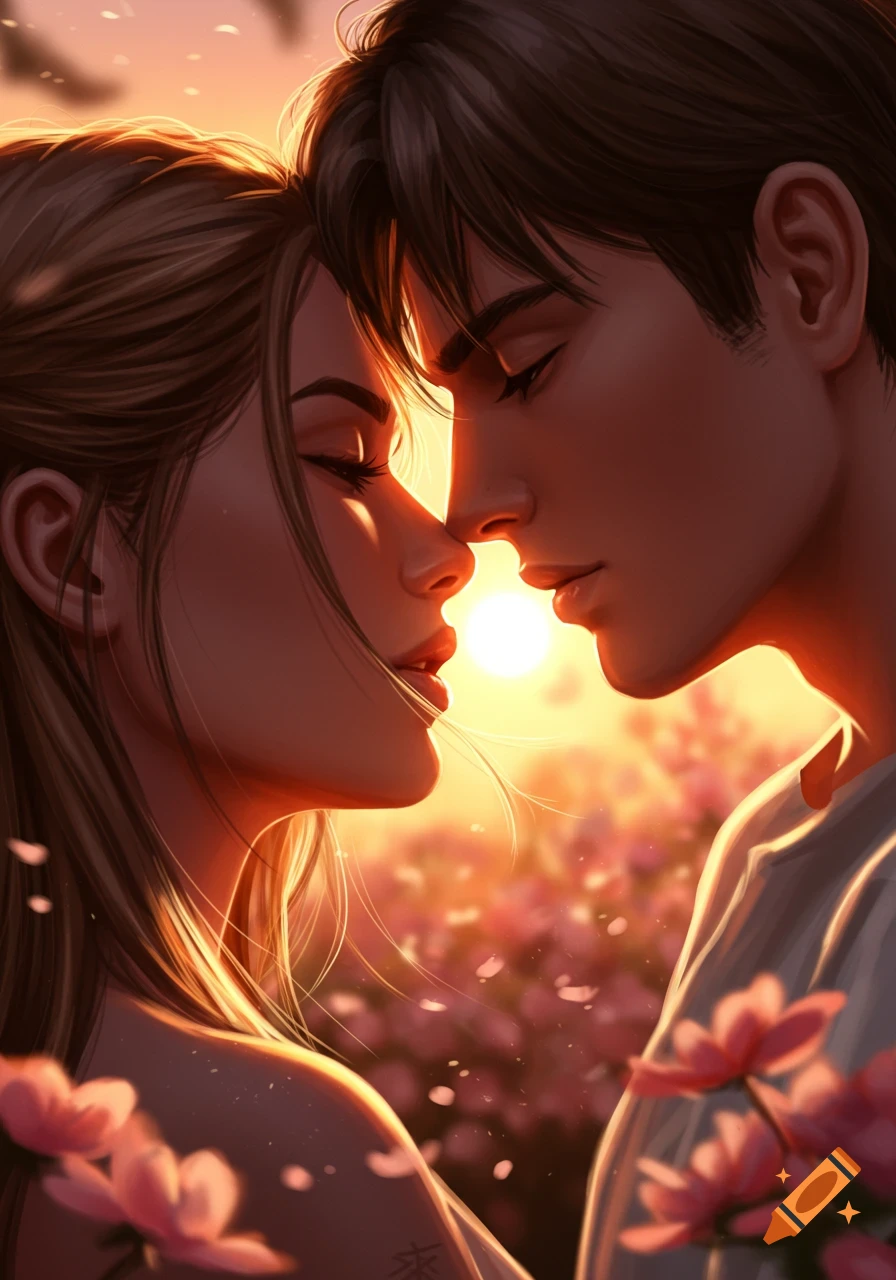 A couple, eyes closed, lean in for a kiss at sunset in a field of pink flowers, digital art.