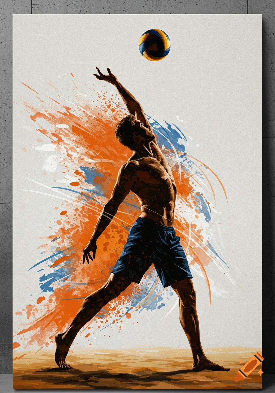 Abstract illustration of a male volleyball player spiking a ball, with orange and blue paint splatters.